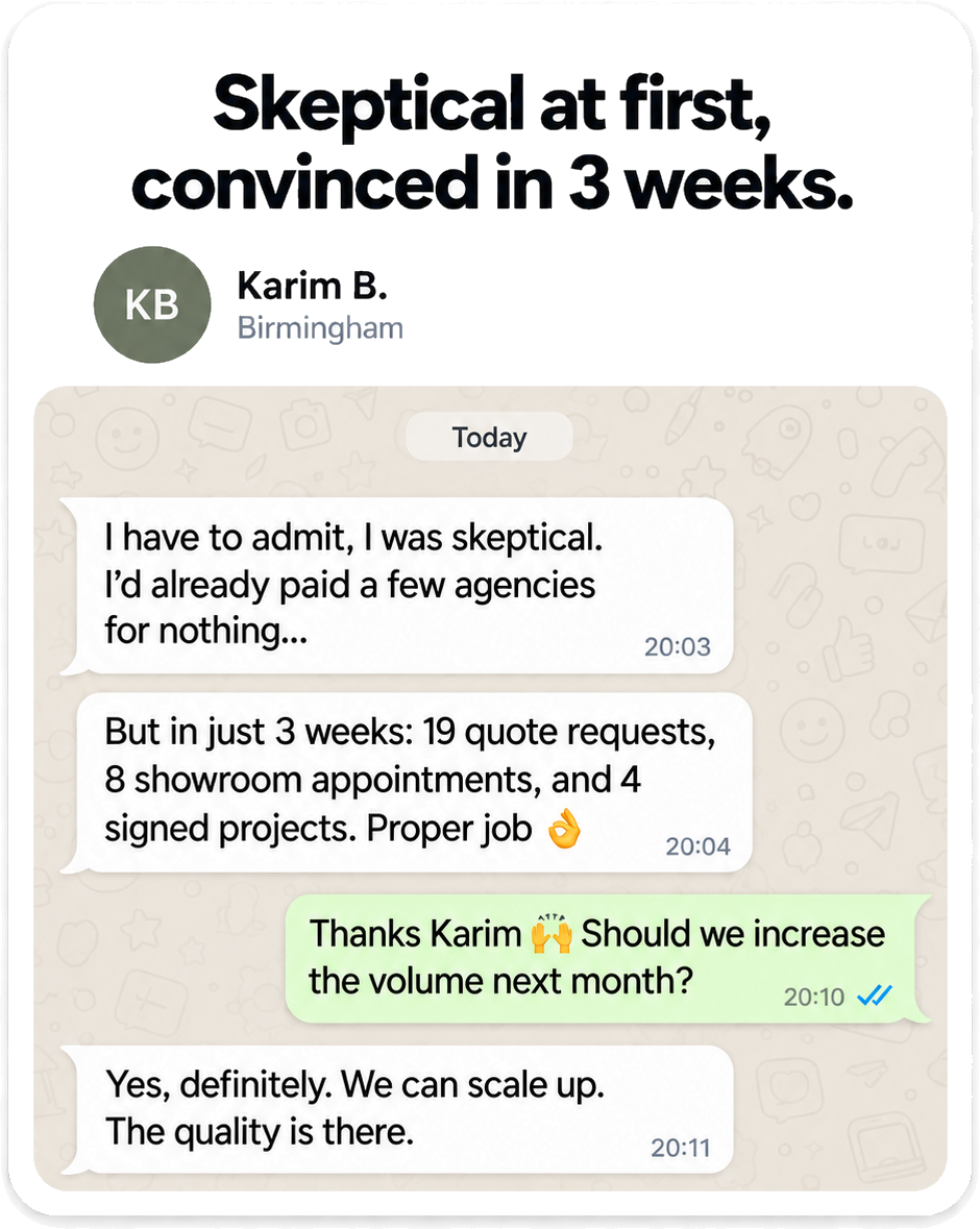 Karim in Birmingham: 19 quote requests and 4 signed projects in 3 weeks