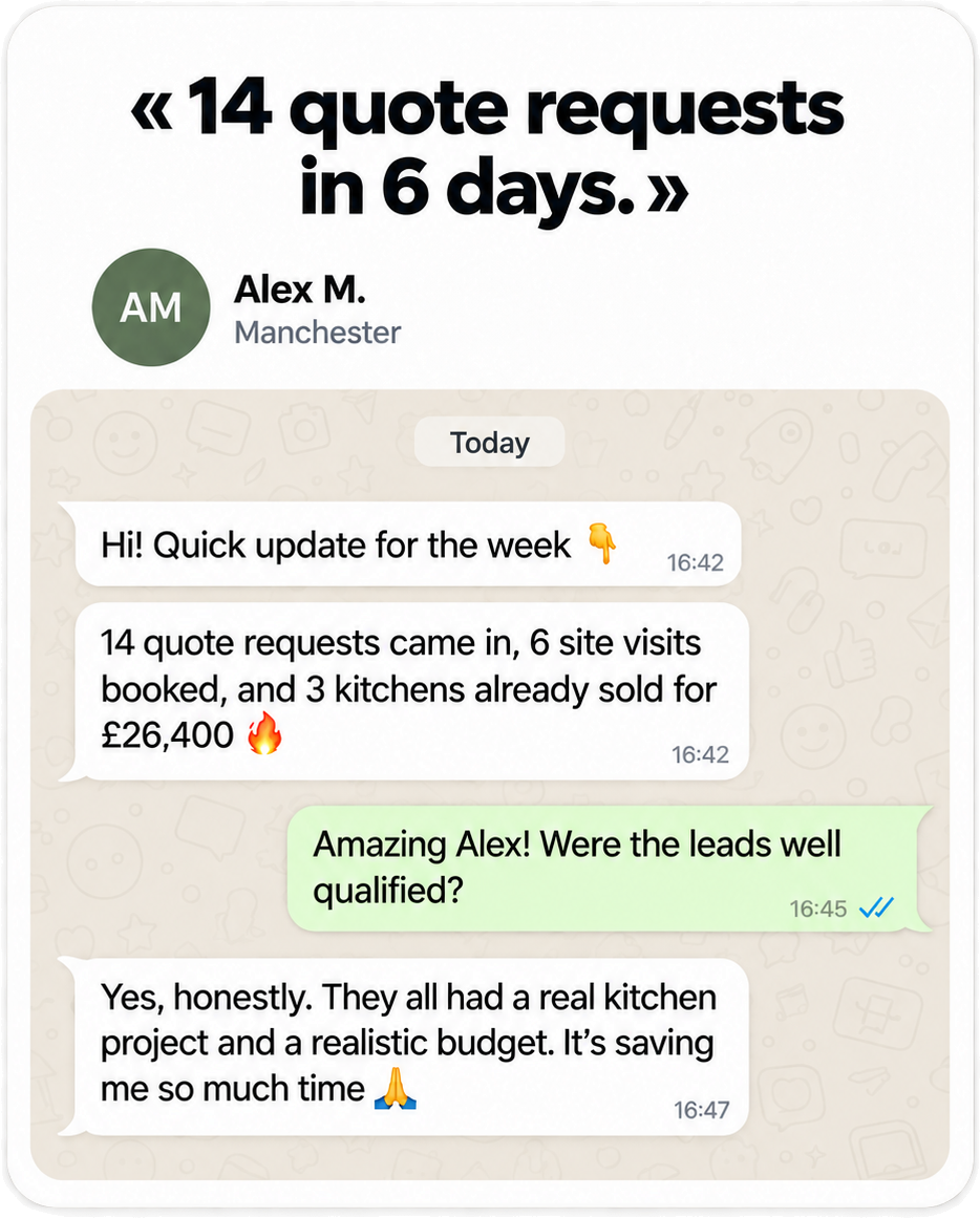 Alex in Manchester: 14 quote requests in 6 days and 3 kitchens sold for £26,400
